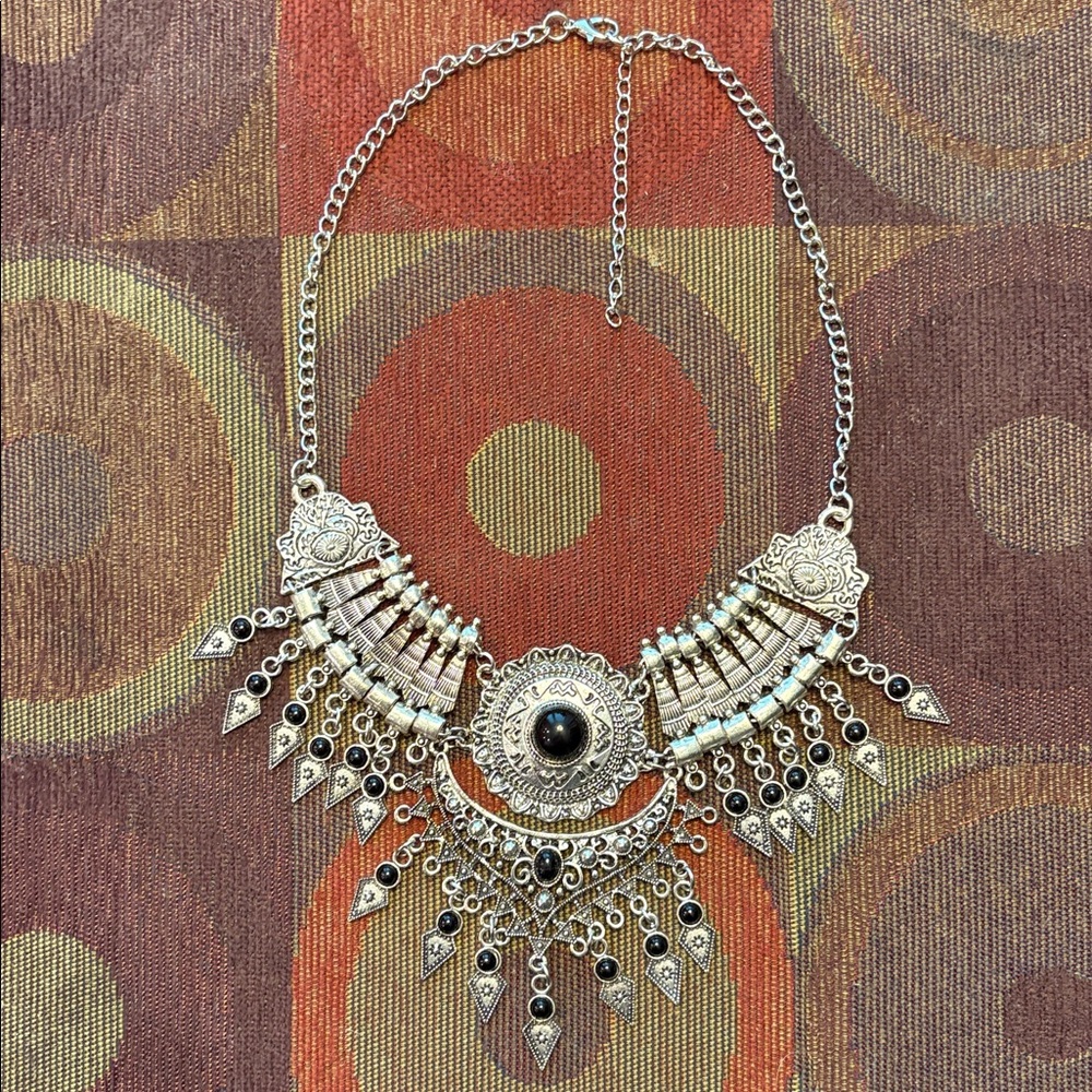 Elegant Silver and Black Costume Statement Necklace